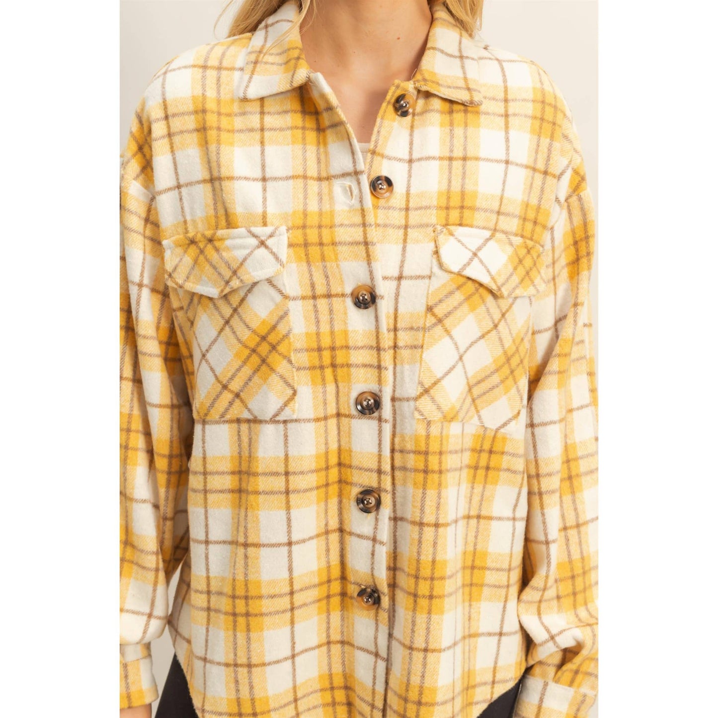 Collared Plaid Shacket: BLUE / S-M-L(2-2-2)