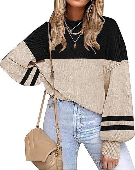 Retro Cozy Multi Striped Lantern Sleeves Knit Sweater: Camel / M