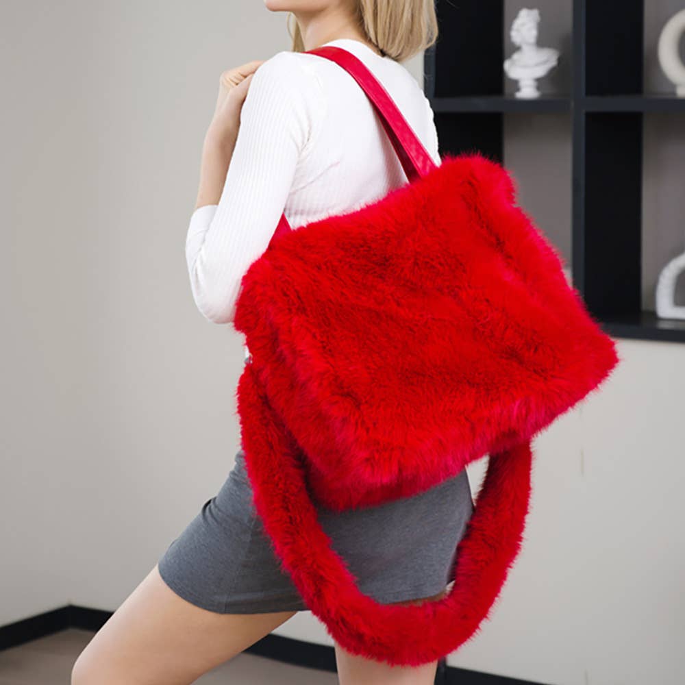 Fluffy Faux Fur Oversized Tote Bag / Handbag: Black