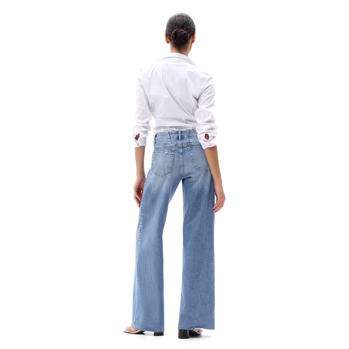 Mid Rise Wide Leg Jeans Raw Hem Vintage Distressed OSW8019: VINTAGE BLUE / 31