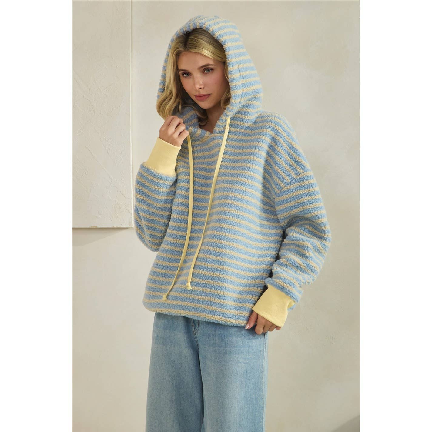 Teddy Striped Contrast Cozy Hoodie: Brown / M