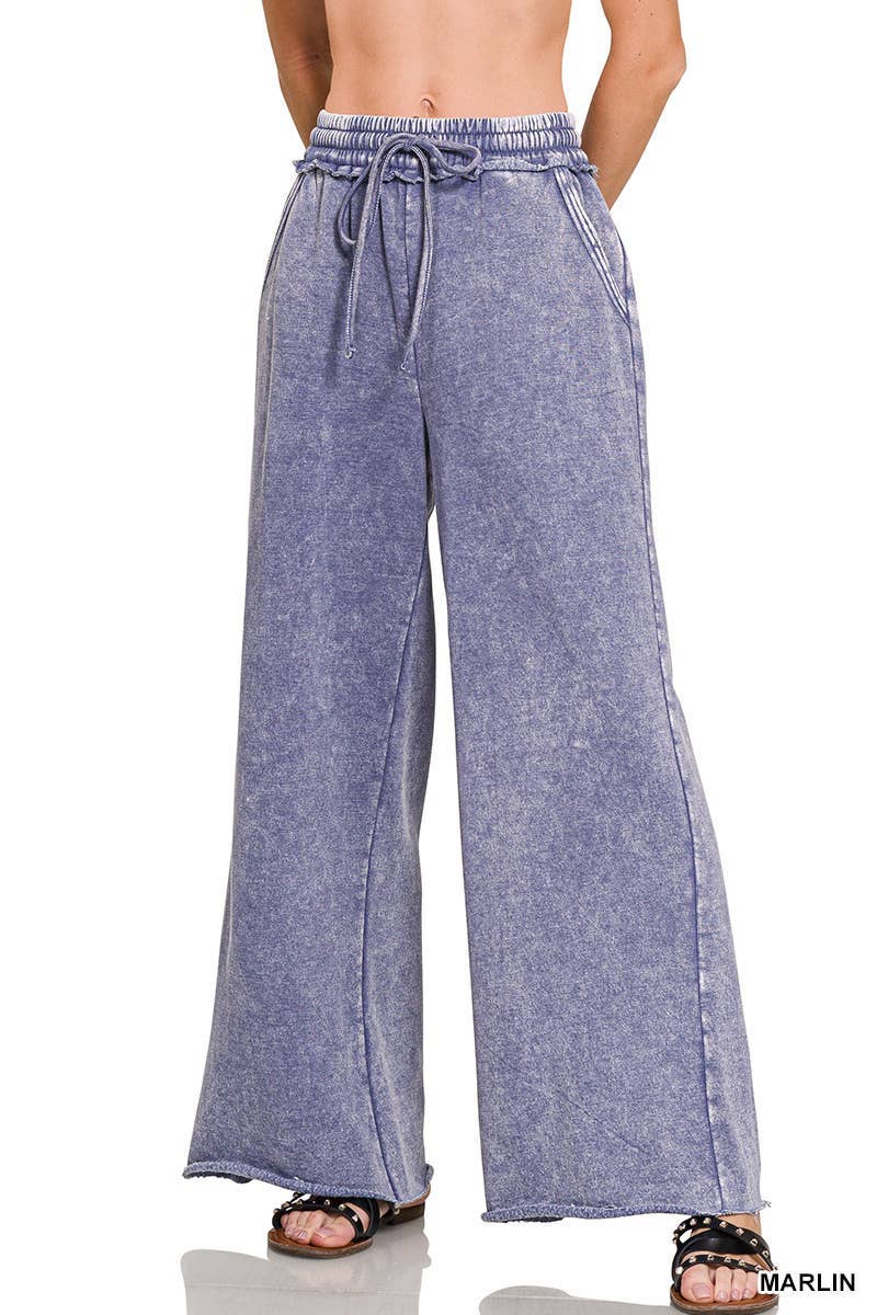 Acid Wash Fleece Palazzo Sweatpants With Pockets: BLACK / 2-2-2 (S-M-L)