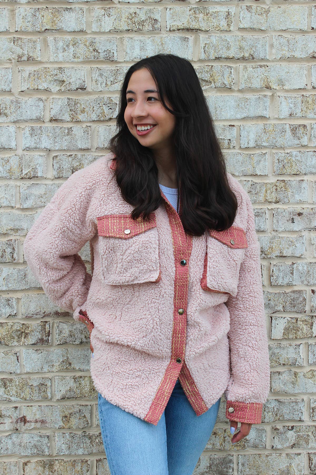 SKT2391 Myrtle Sherpa/Tweed Shacket: Brown / 2XL/3XL