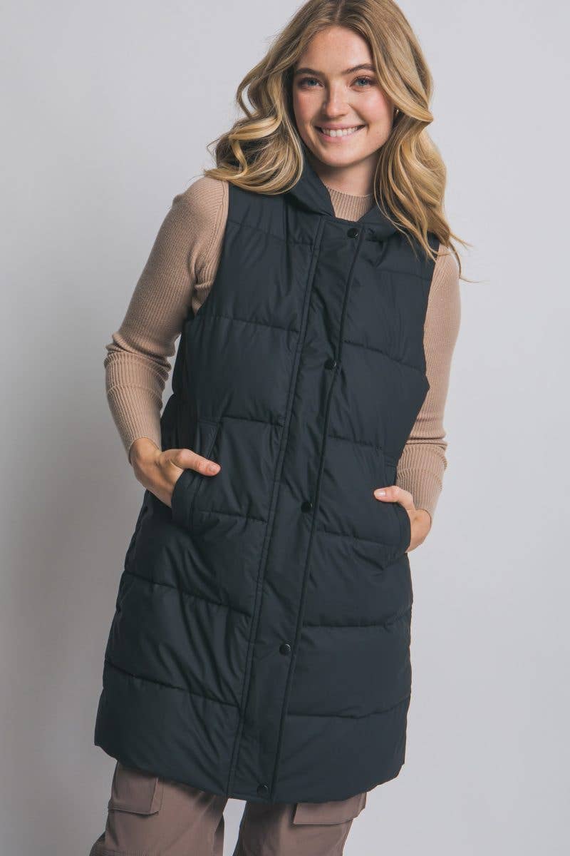 Hooded Long Quilted Puffer Vest: OLIVE / 2-2-2(S-M-L)