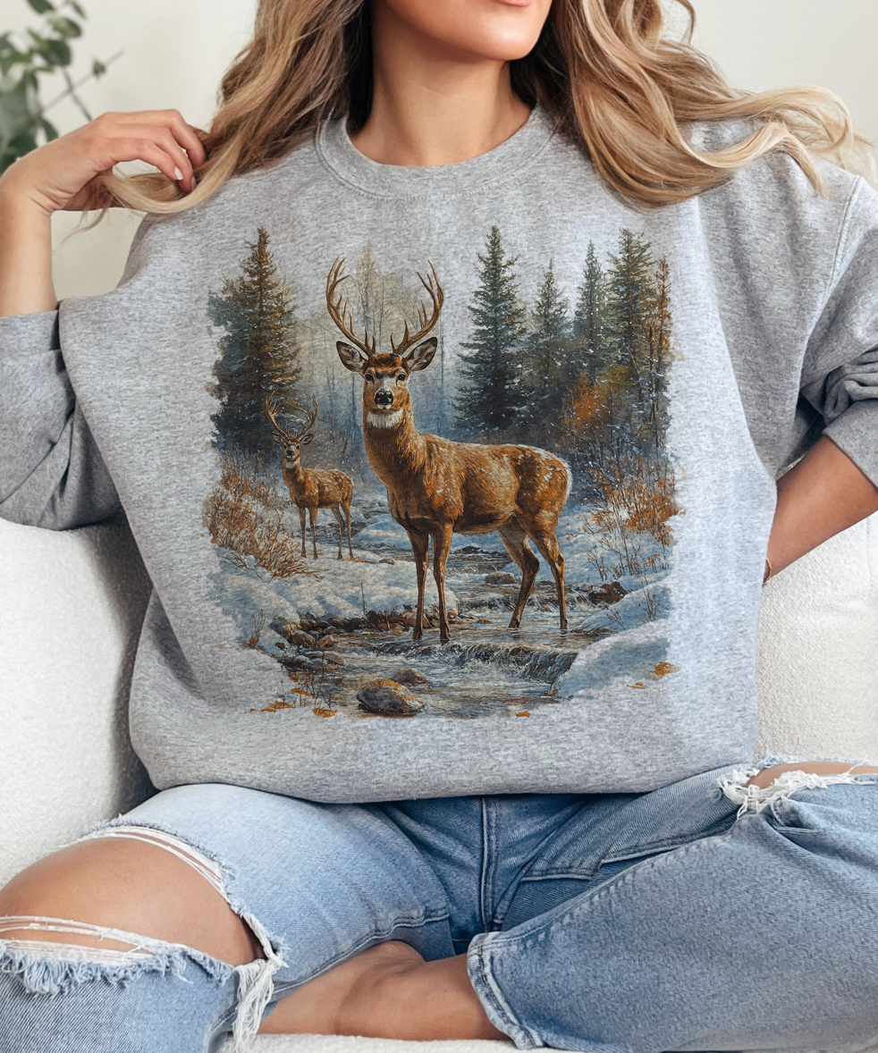 Retro Deer Scene - Cream - Sweatshirts & T-Shirts: Adult MEDIUM / Cream Sweatshirt