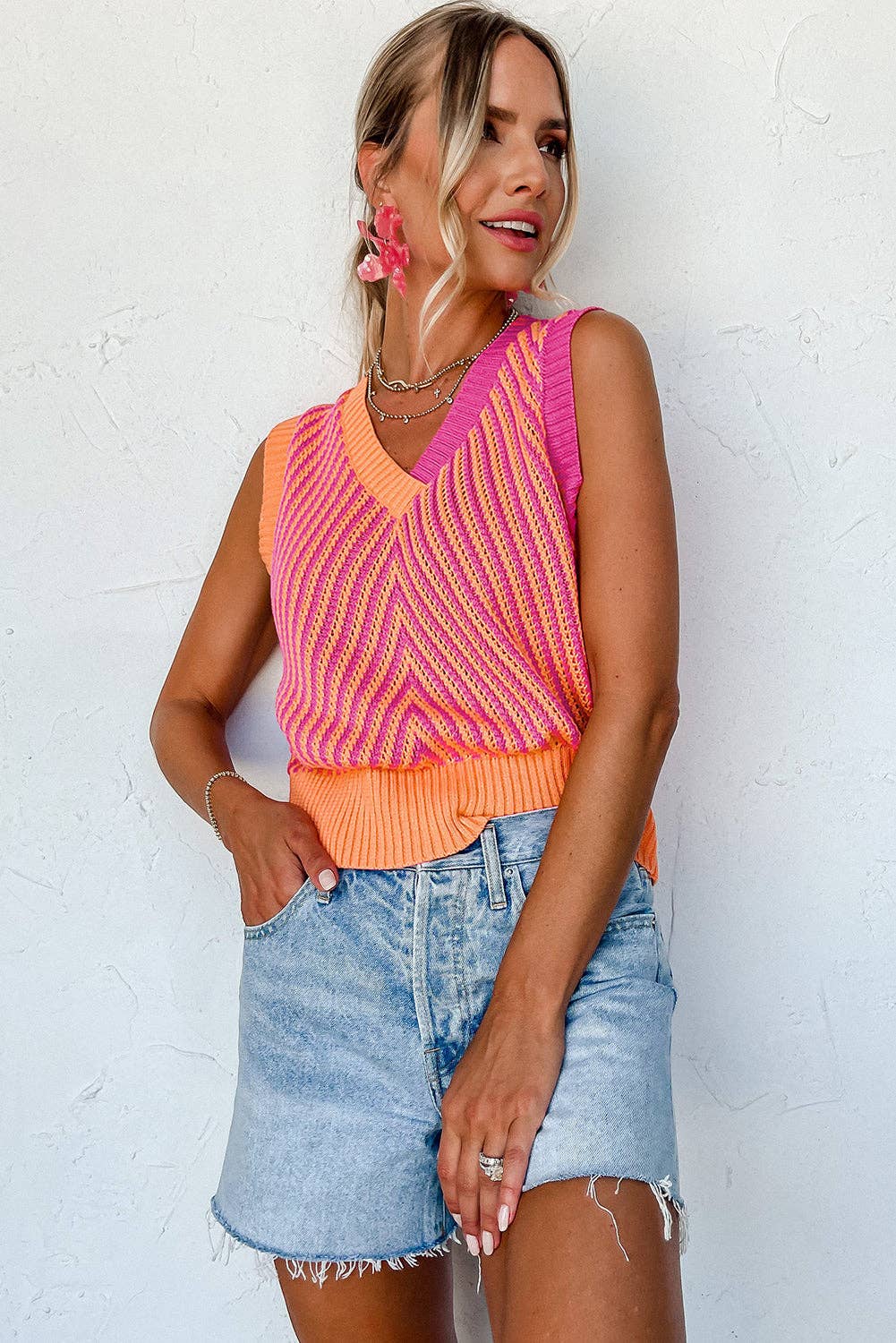 Strawberry Pink Contrast Chevron Knit V Neck Sweater Vest: Strawberry Pink / 100%Viscose / L