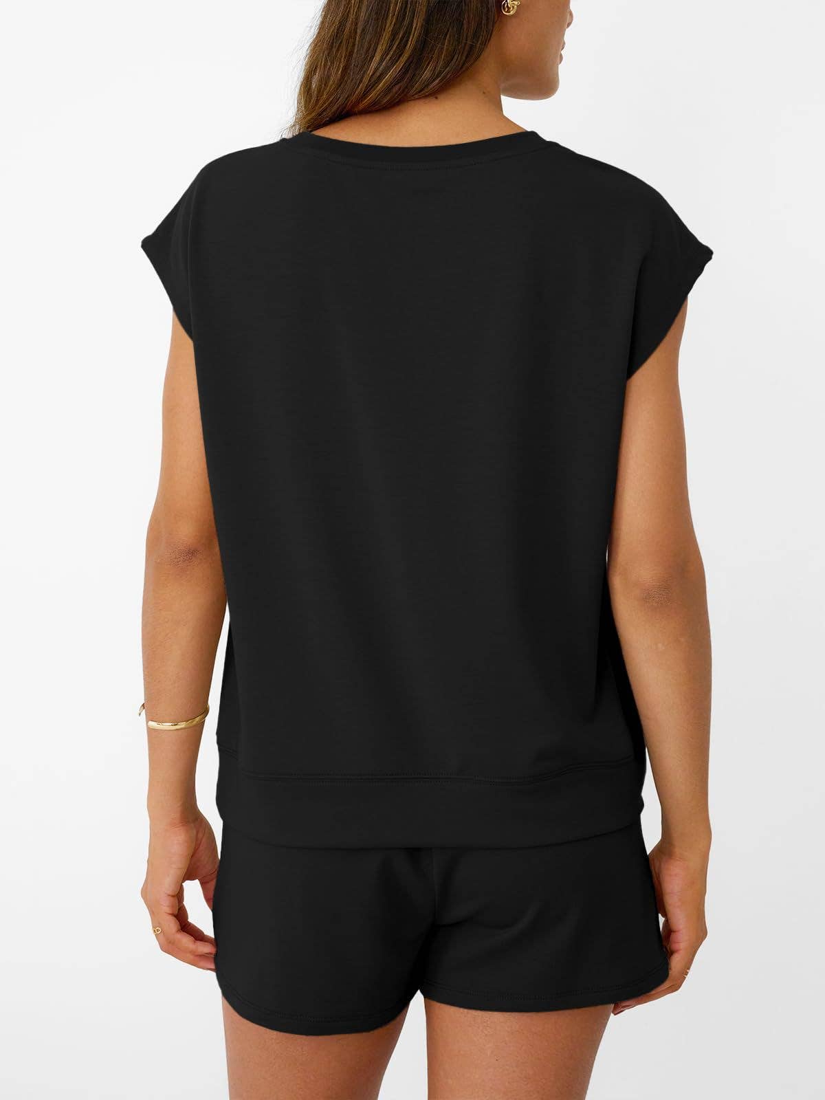 Casual Lounge Set Cap Sleeve Top Drawstring Shorts: Black / 65%Polyester+30%Viscose+5%Elastane / S
