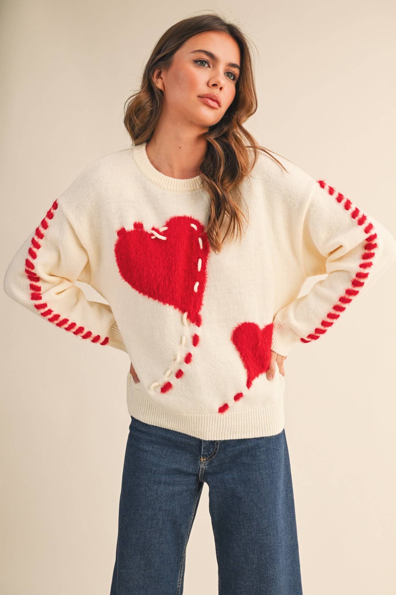 FUZZY HEART KNIT SWEATER WITH WHIP STITCH MSW10990: Red / S