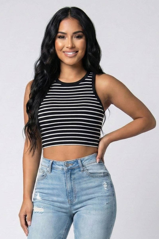 Ribbed Striped Racerback Crop Tank Top: Black/White / L