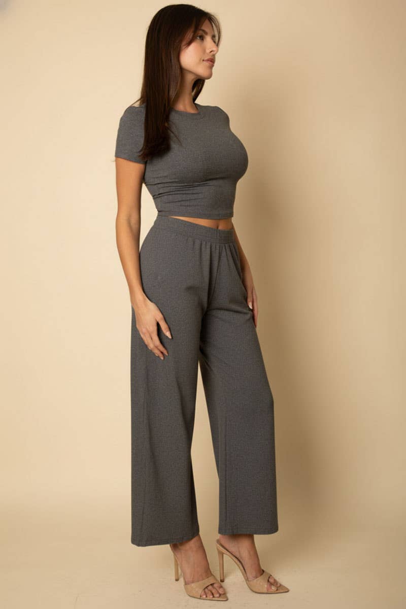 Relaxed Fit Top and Wide-Leg Pants Set: Heather Grey / S
