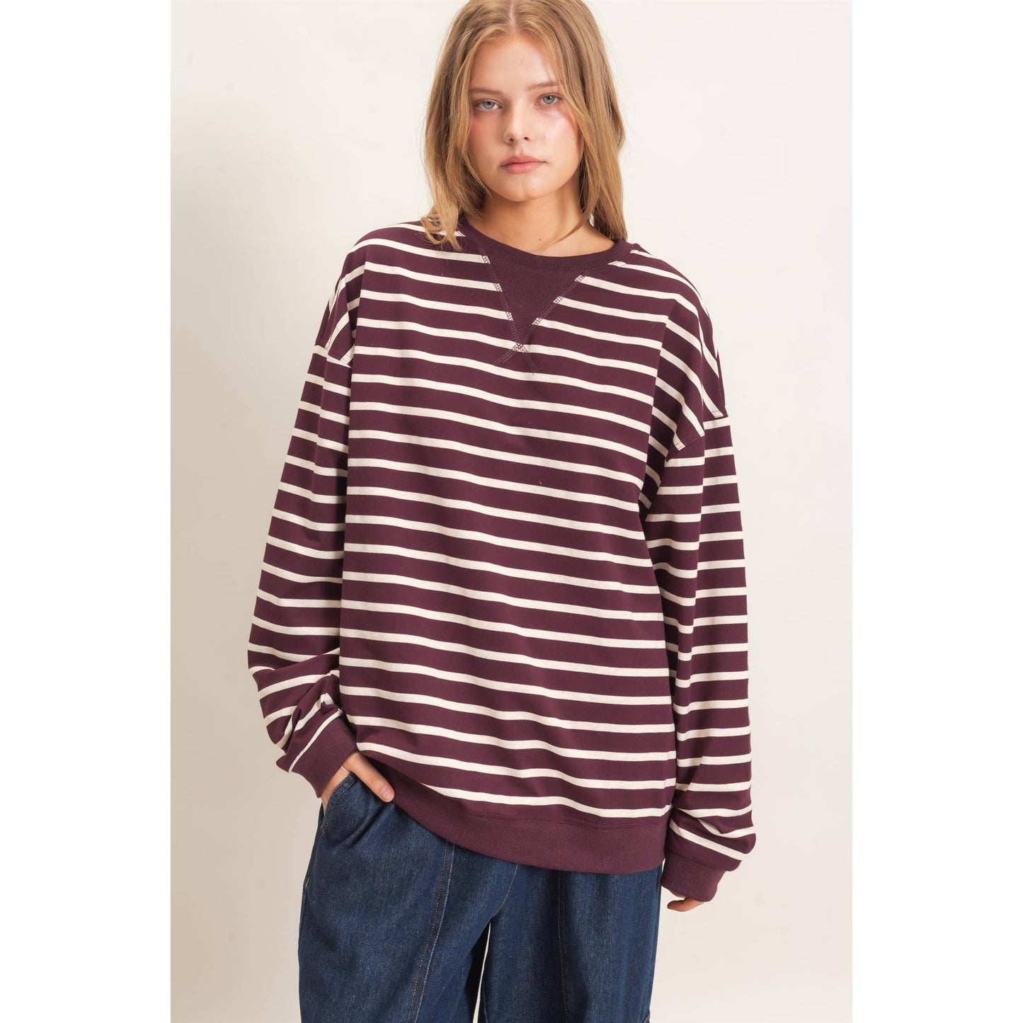 Striped Long Sleeve Pullover: GRAY/ECRU / S-M-L(2-2-2)
