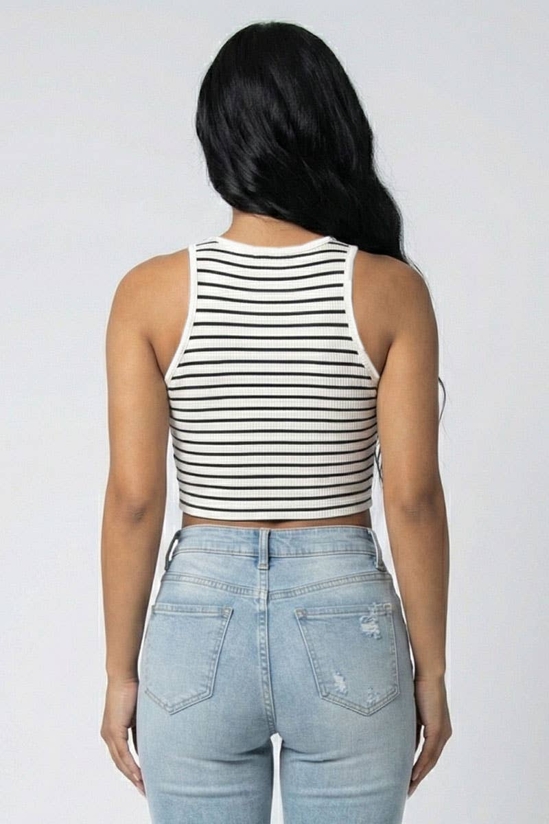 Ribbed Striped Racerback Crop Tank Top: White/Black / S