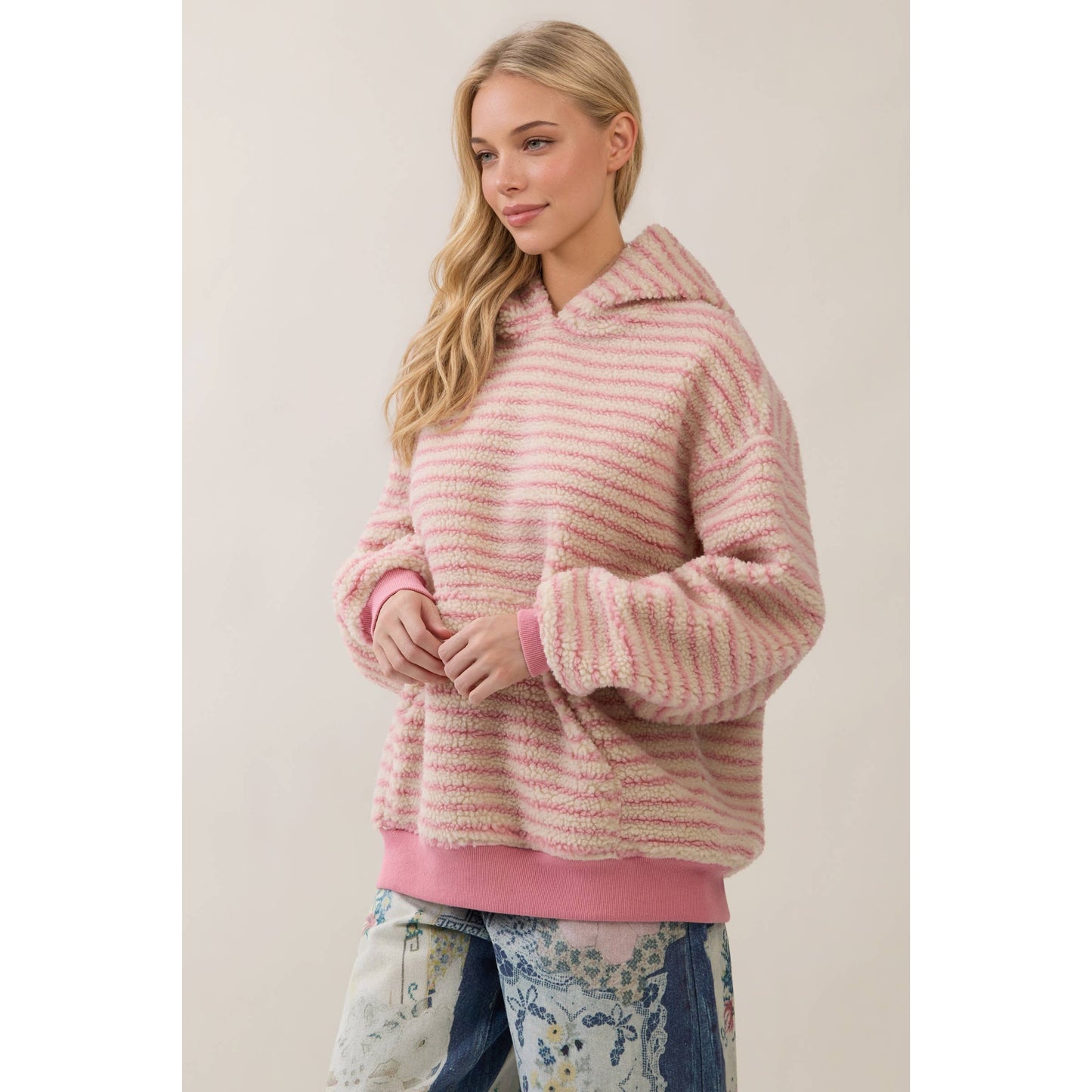 Teddy Striped Contrast Cozy Hoodie: Brown / L