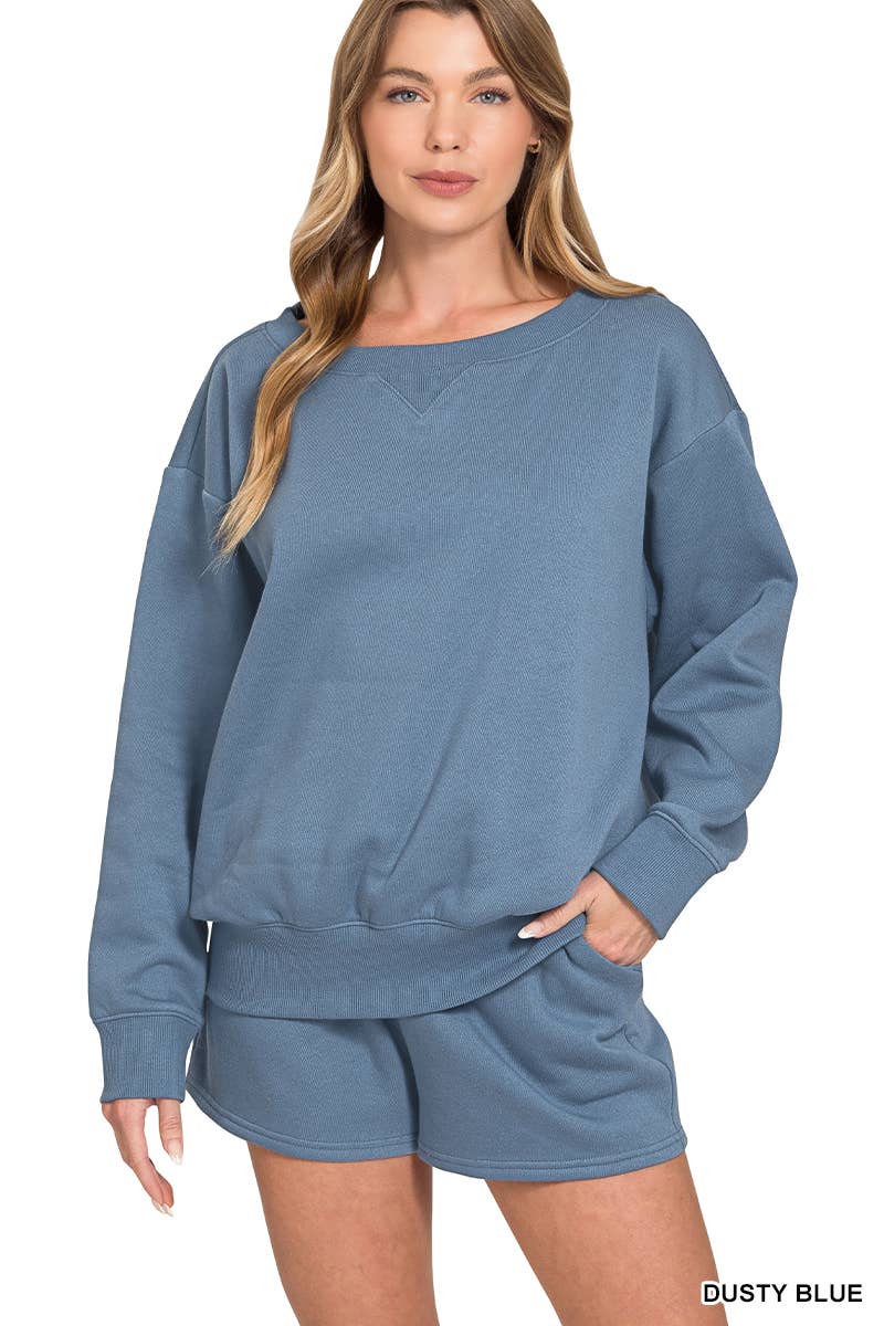 Fleece Sweatshirts & Drawstring Shorts 2pc Set Zenana: ASH MOCHA-186261 / S