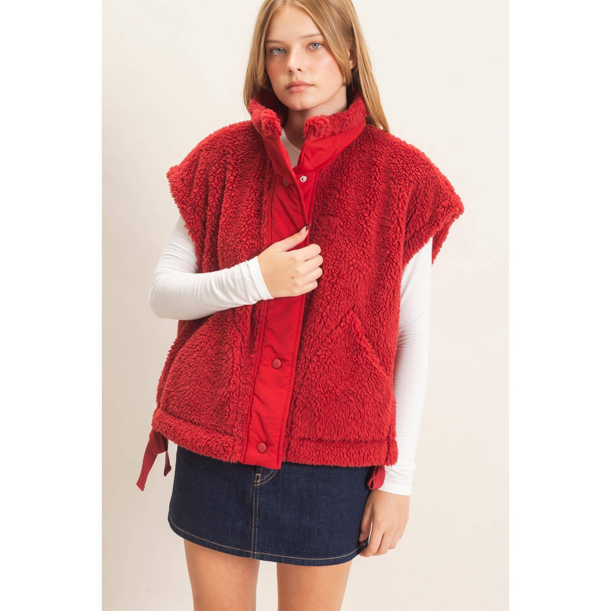 Sherpa Vest With Snap Closure: OLIVE / S-M-L(2-2-2)