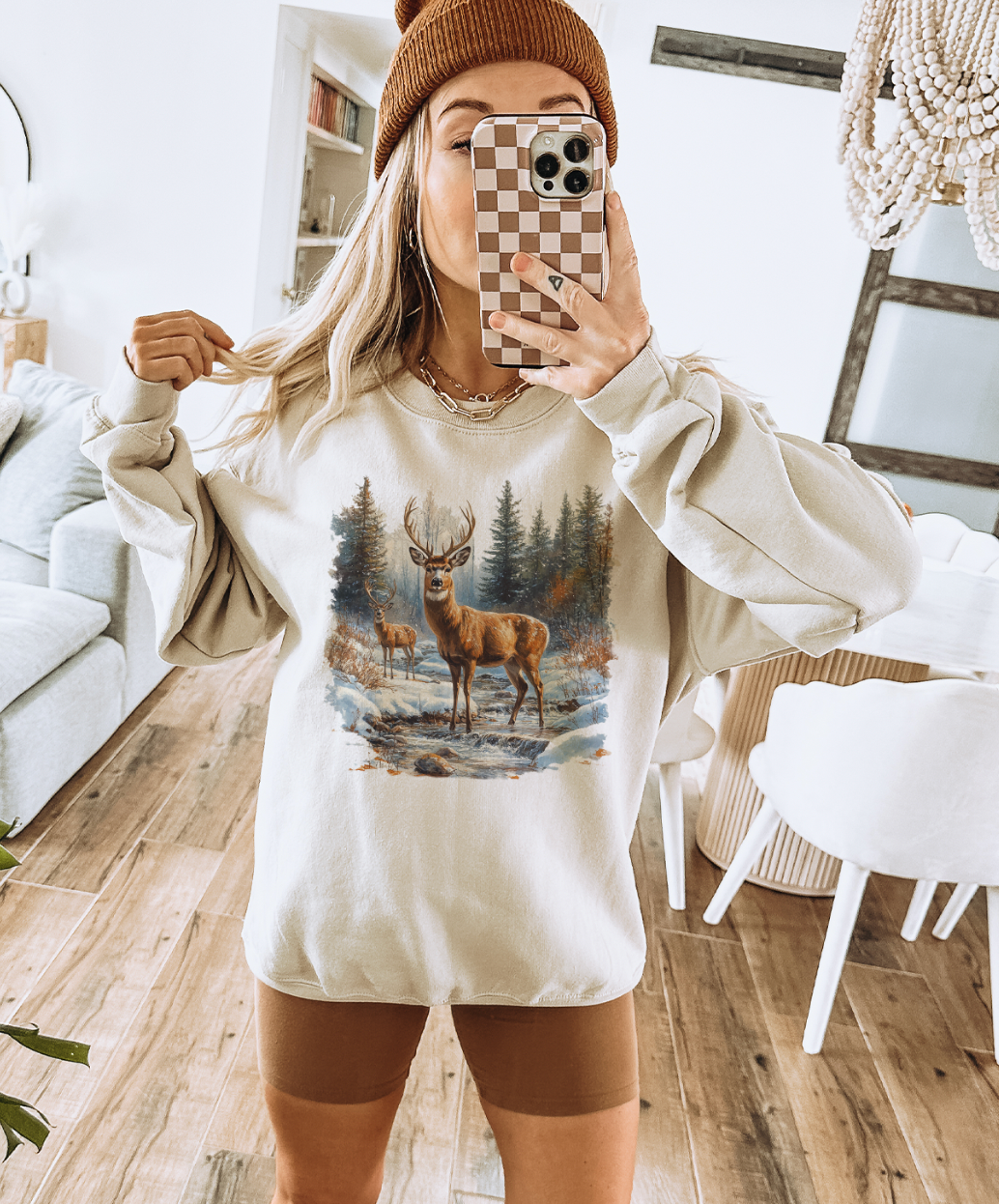 Retro Deer Scene - Cream - Sweatshirts & T-Shirts: Adult MEDIUM / Cream Sweatshirt