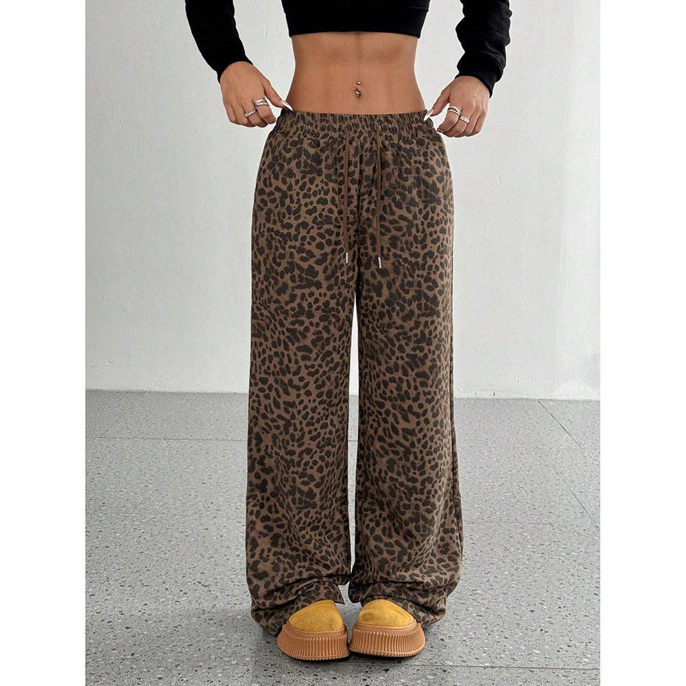 Leopard Print Wide Leg Pants High Waist Pocket Casual: Light Leopard / 100% polyester / M