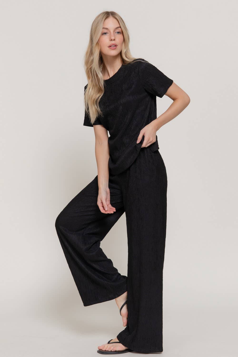 0504 Crinkle Knit Top & Pants 2pc Set SI-29441: Blk-Black-194657 / L
