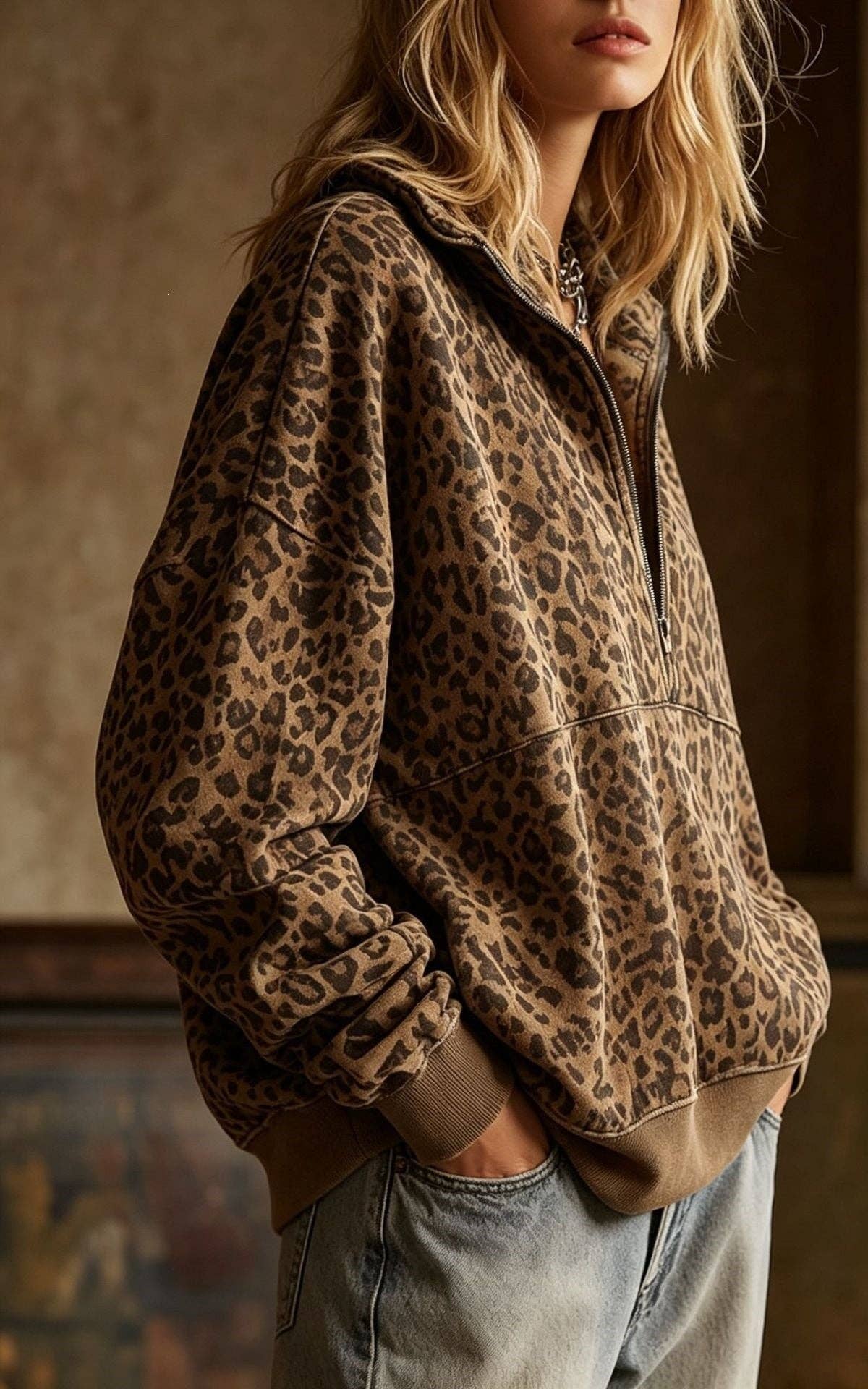 Leopard Print Half Zip Oversized Pullover Sweatshirt: Coffee / 95%Polyester+5%Elastane / S