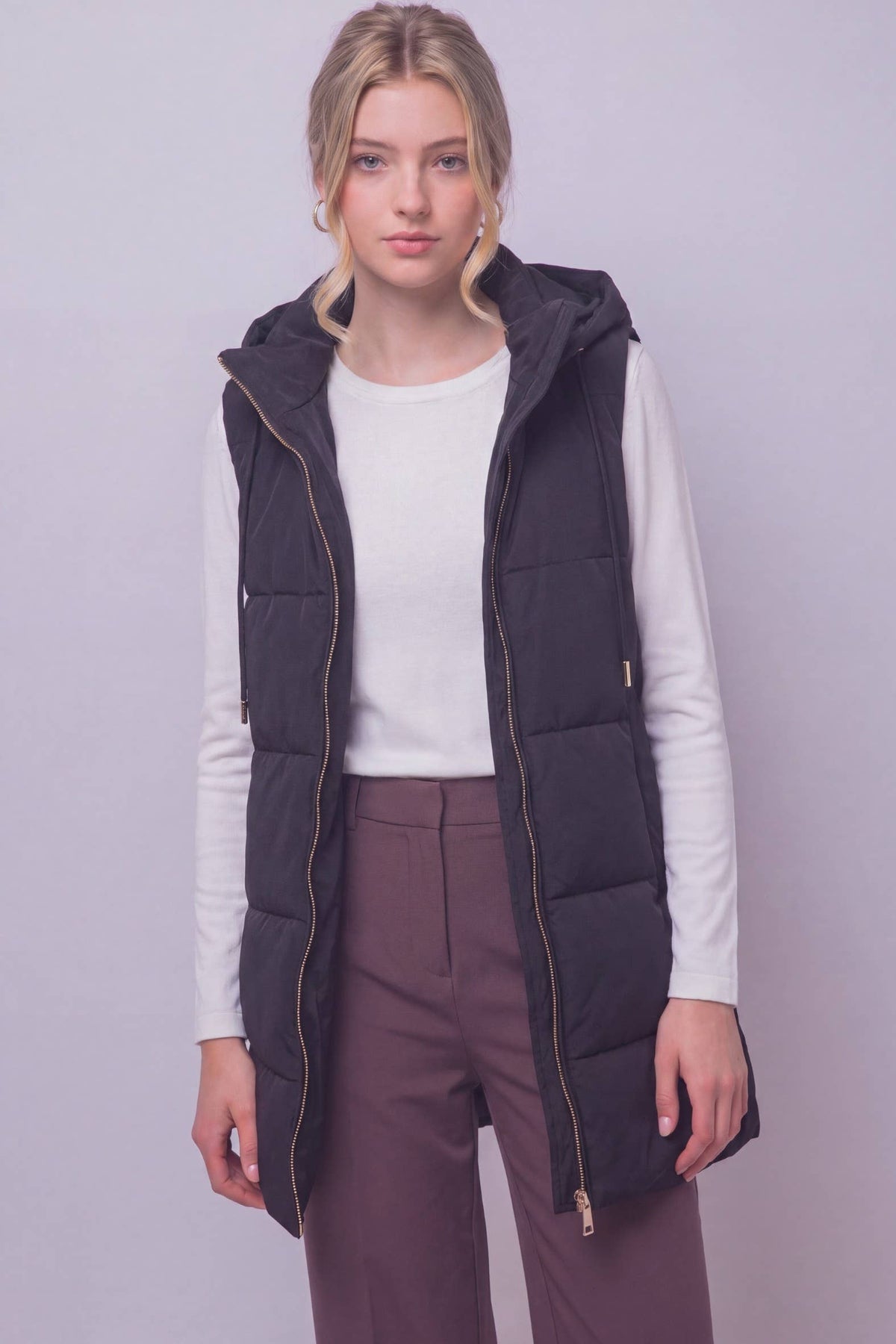 Long Hooded Puffer Vest: BLACK / 2-2-2(S-M-L)