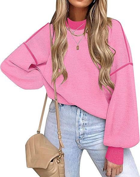 Retro Cozy Multi Striped Lantern Sleeves Knit Sweater: Camel / S
