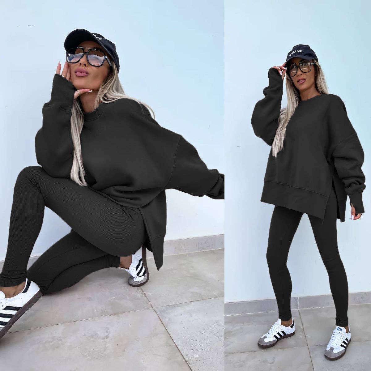 Oversized Sweatshirt and Leggings Two Piece Set: Blue / 100%Polyester / L