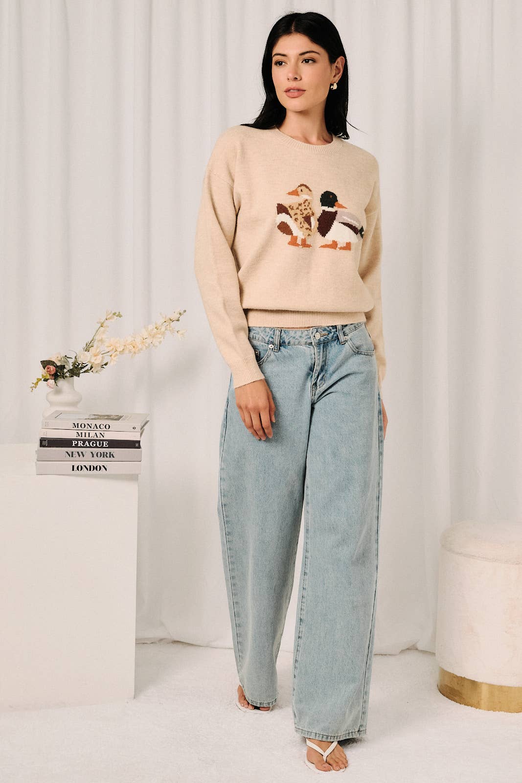 Round Neck Mallard Duck Graphic Long Sleeve Knit Sweater: LAVENDER / S