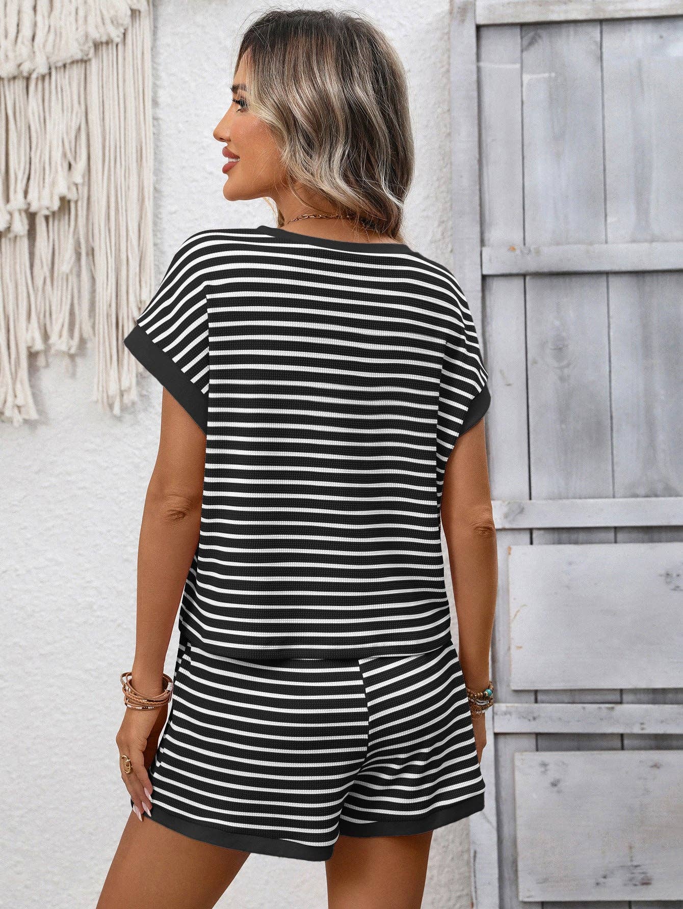 Striped Short Sleeve Top & Shorts Lounge Set: Dark Pink / 65%Viscose + 35%POLYESTER / L