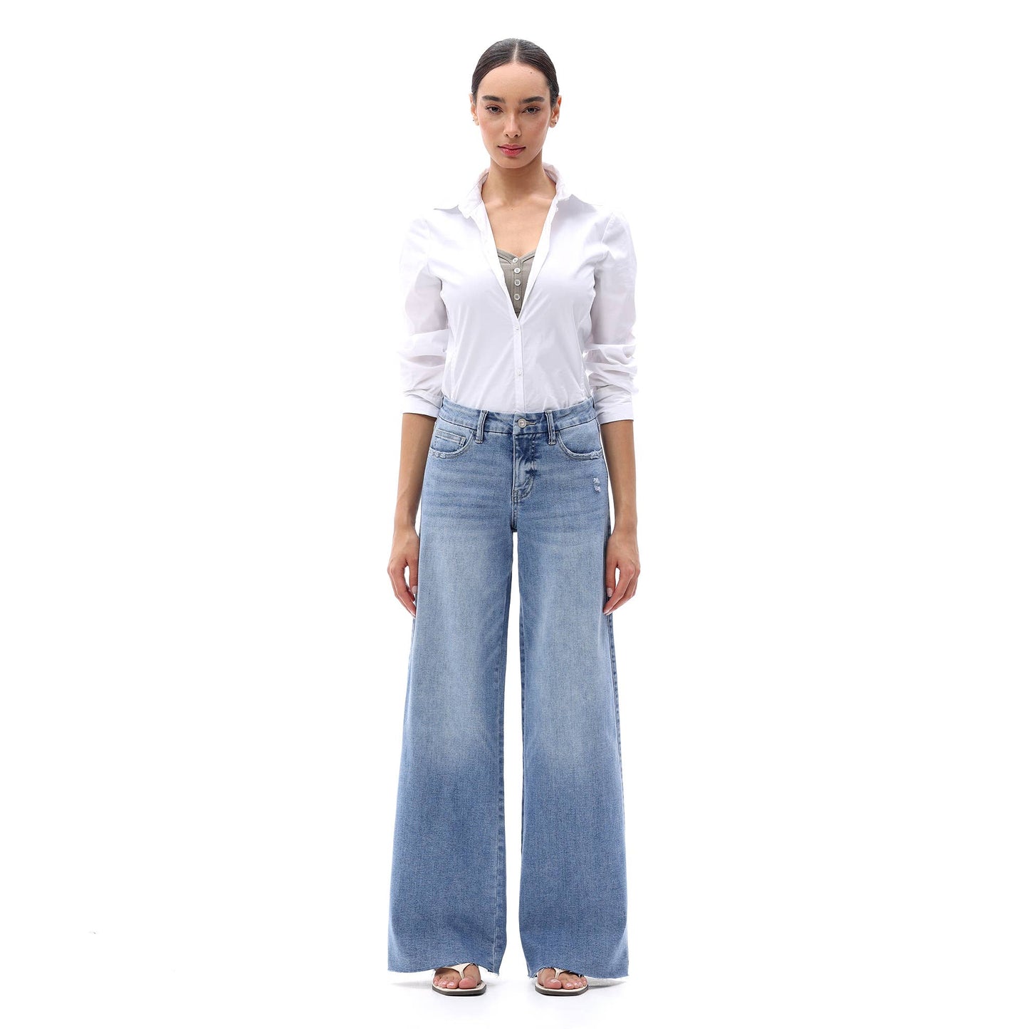 Mid Rise Wide Leg Jeans Raw Hem Vintage Distressed OSW8019: VINTAGE BLUE / 25