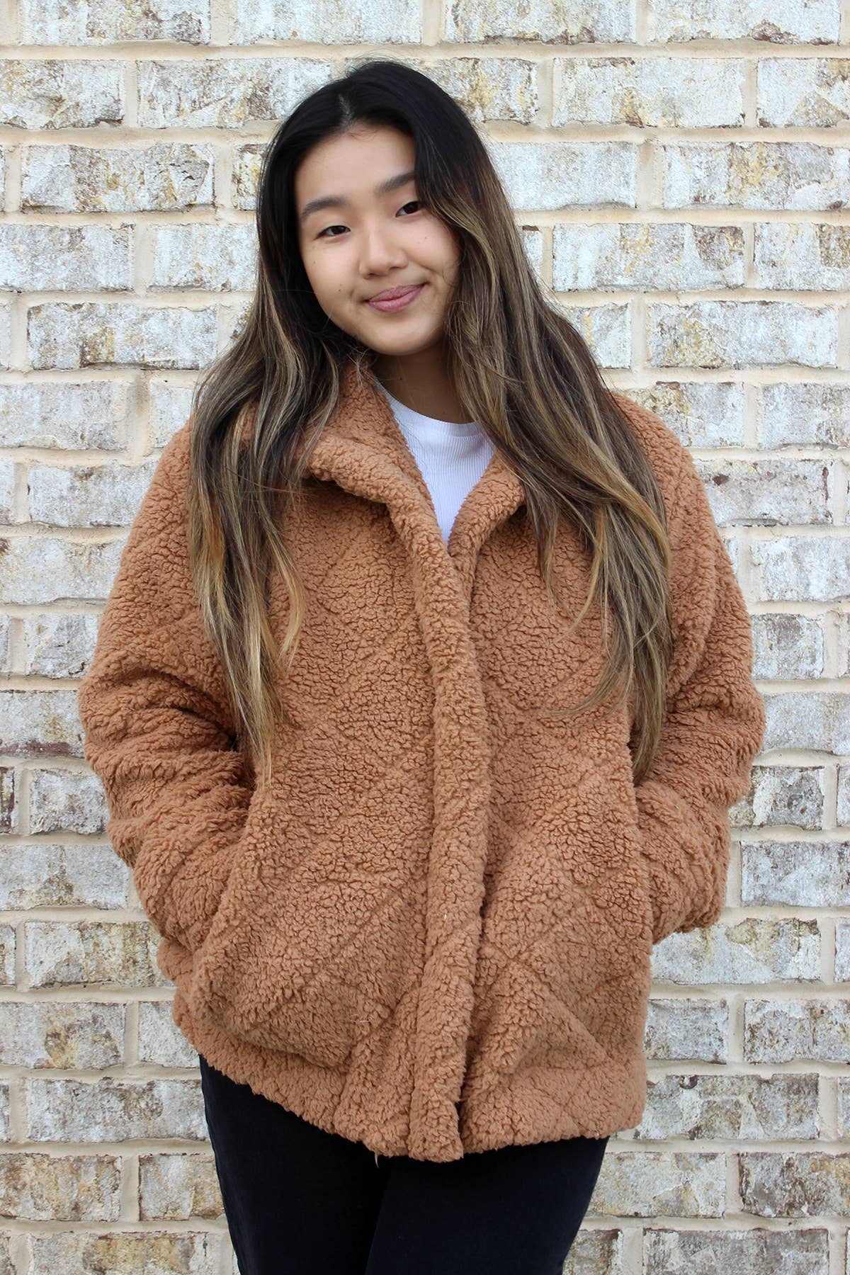 JKT2387 Candie Diamond Sherpa Jacket w/ Full Zip: Tan / L/XL