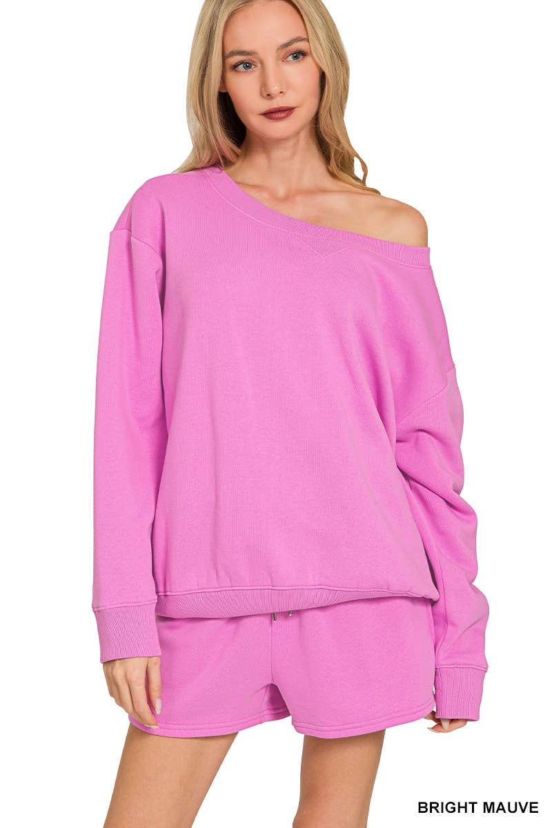 Fleece Sweatshirts & Drawstring Shorts 2pc Set Zenana: ASH MOCHA-186261 / S