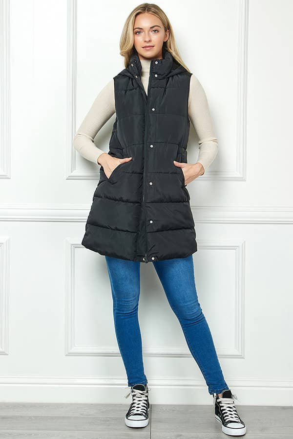 Longline Quilted Puffer Vest with Attached Hood: Black