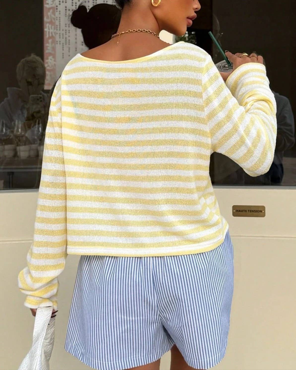 Colorblock Striped Knit Off The Shoulder Sweater Top: Black / S