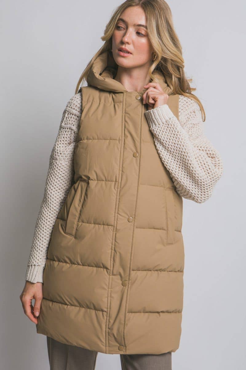Hooded Long Quilted Puffer Vest: BLACK / 2-2-2(S-M-L)