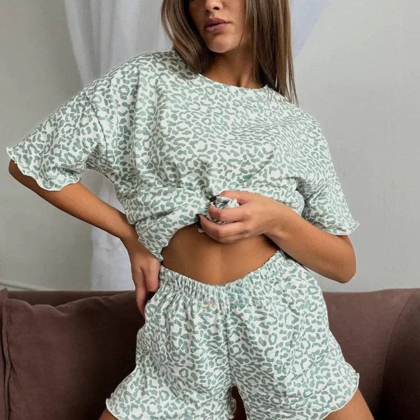 Leopard Print Pajama Set Ruffle Trim Shorts Loungewear: Gray Leopard Print / 95%Polyester+5%Elastane / L