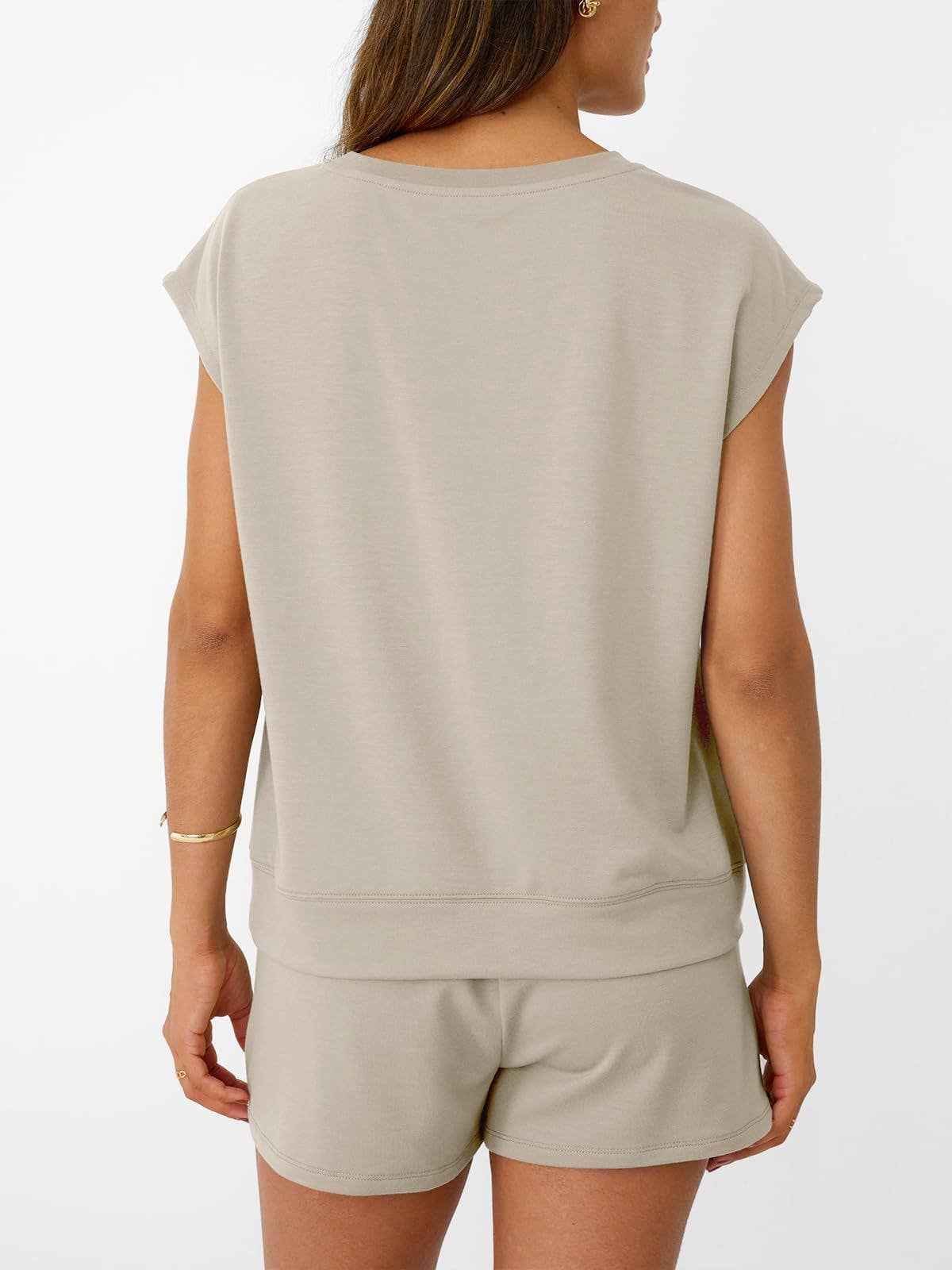 Casual Lounge Set Cap Sleeve Top Drawstring Shorts: Black / 65%Polyester+30%Viscose+5%Elastane / L