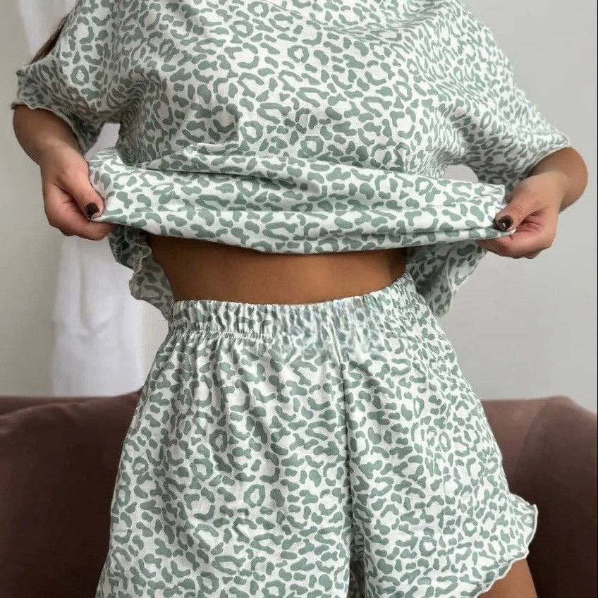 Leopard Print Pajama Set Ruffle Trim Shorts Loungewear: Gray Leopard Print / 95%Polyester+5%Elastane / M