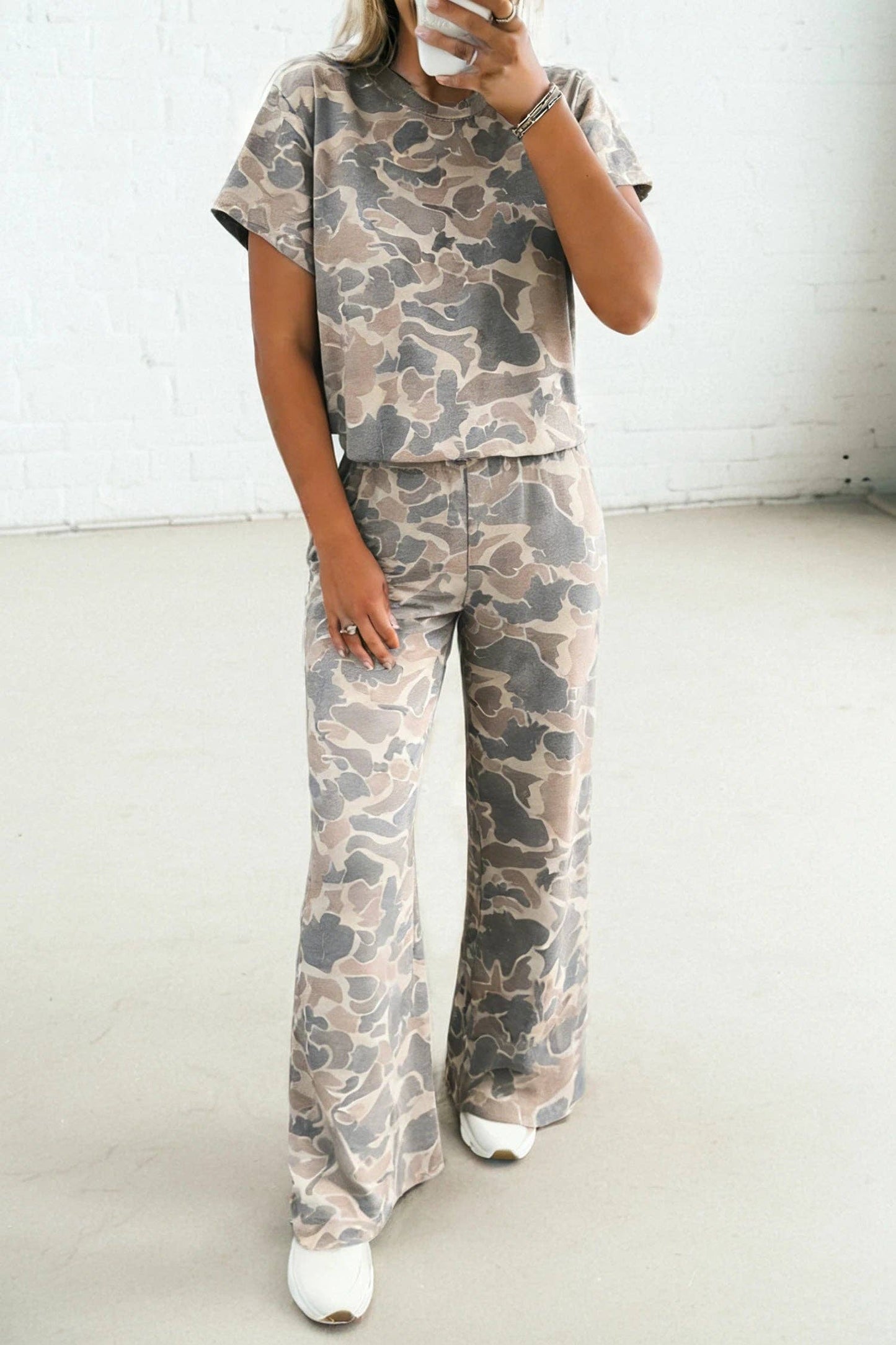 Camo Print Tee and Wide Leg Pants Two Piece Set: Multicolour / 95%Polyester+5%Elastane / L