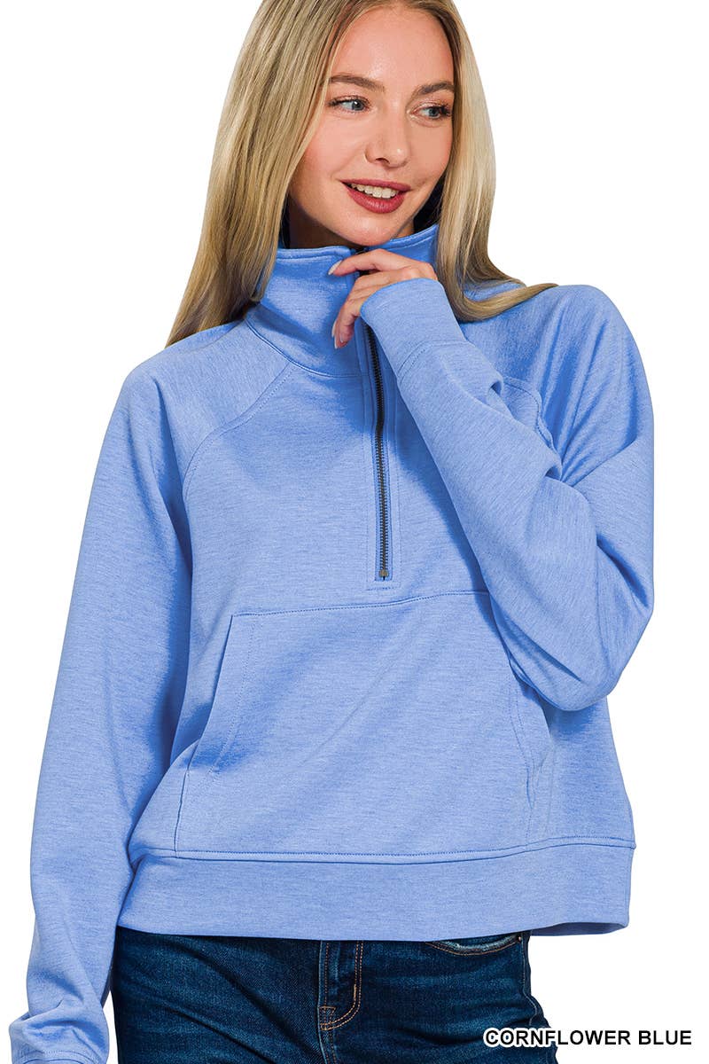 Scuba Half Zip Pullover With Kangaroo Pocket Zenana: CHOCOLATE-202375 / S