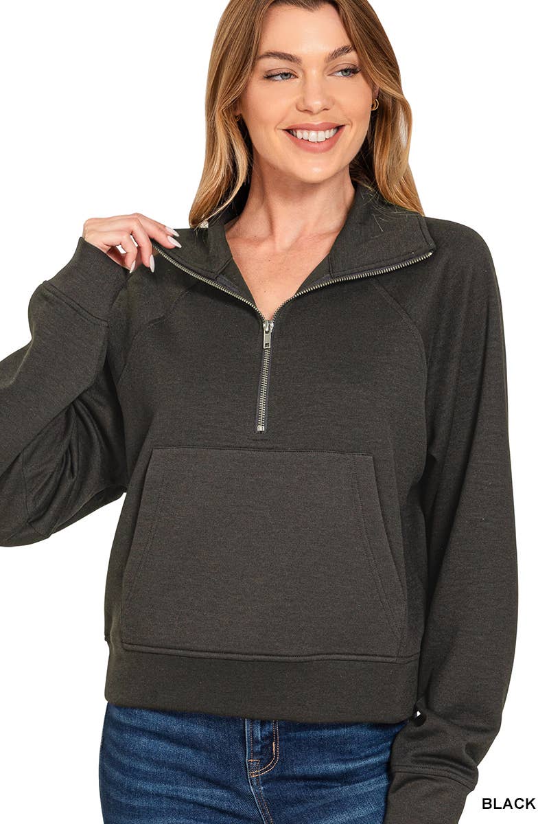 Scuba Half Zip Pullover With Kangaroo Pocket Zenana: H VANILLA-190580 / S