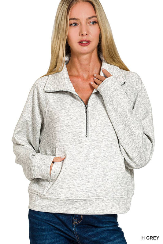 Scuba Half Zip Pullover With Kangaroo Pocket Zenana: H GREY-190578 / S