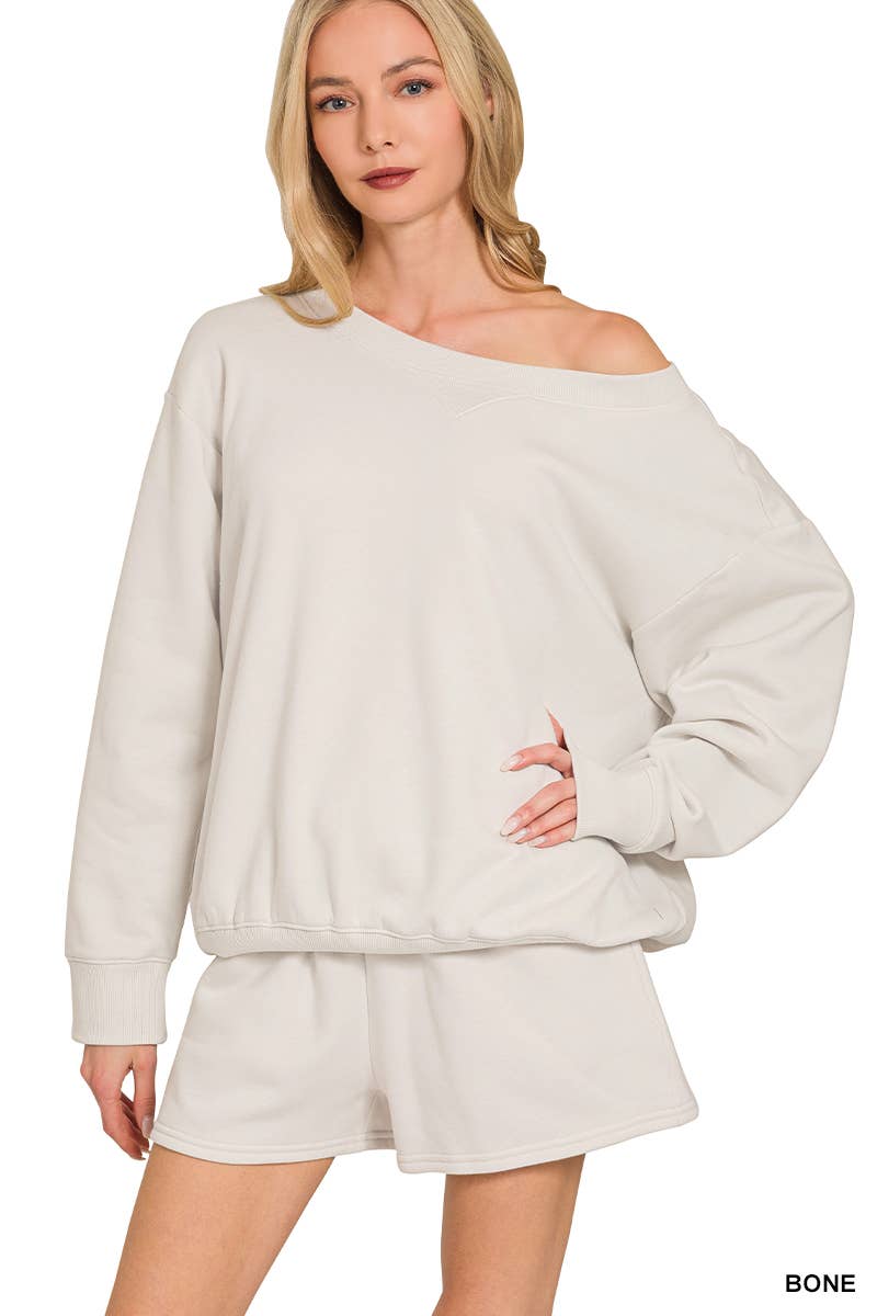 Fleece Sweatshirts & Drawstring Shorts 2pc Set Zenana: ASH MOCHA-186261 / S