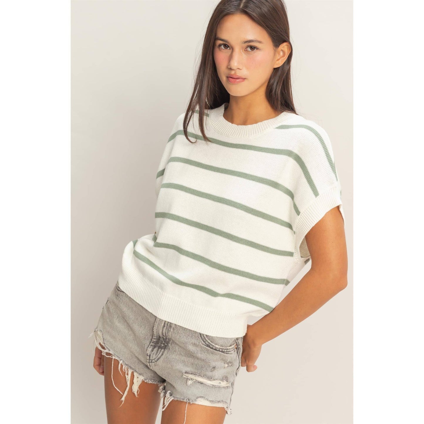 Striped Crew Neck Knit Top: BLUE / S-M-L(2-2-2)
