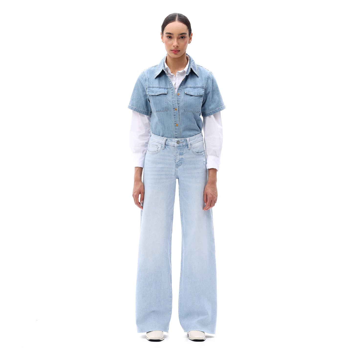 Mid Rise Wide Leg Jeans Raw Hem Vintage Distressed OSW8019: VINTAGE BLUE / 28