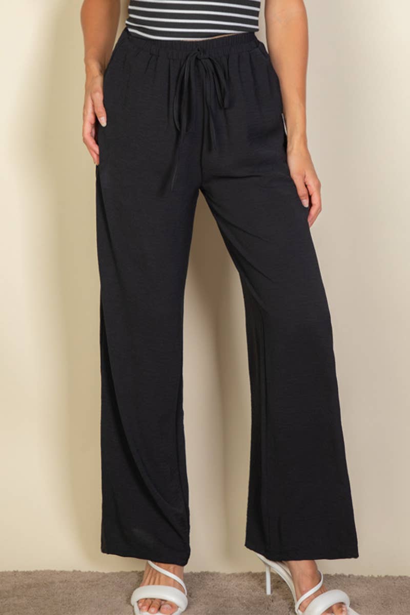Drawstring waist wide leg minimalist pants: Black / L