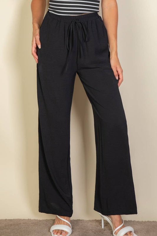 Drawstring waist wide leg minimalist pants: Black / M