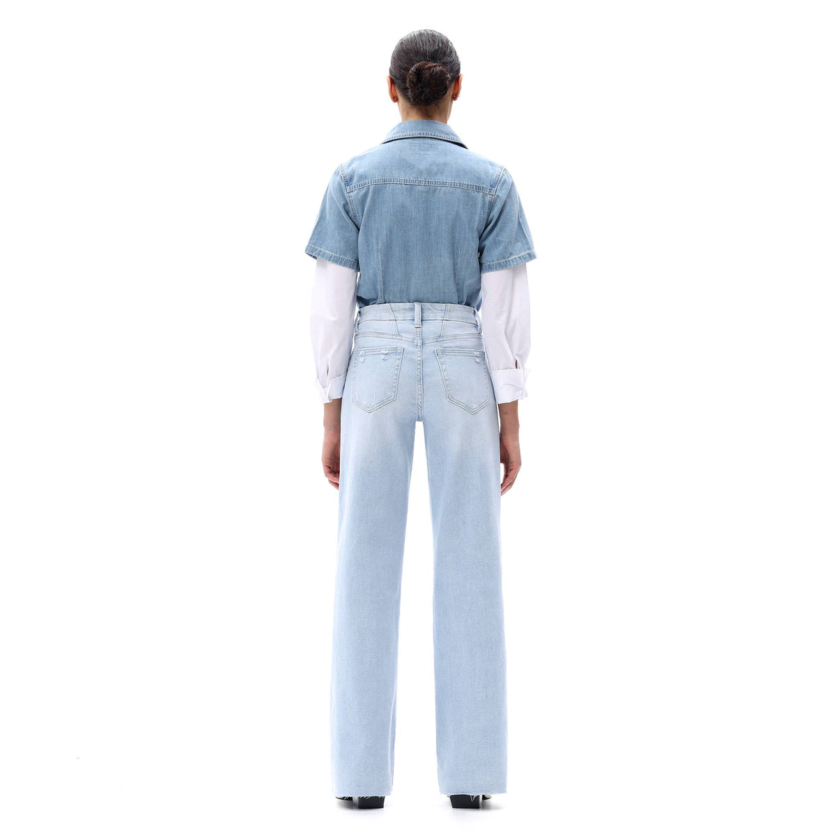 Mid Rise Wide Leg Jeans Raw Hem Vintage Distressed OSW8019: VINTAGE BLUE / 25