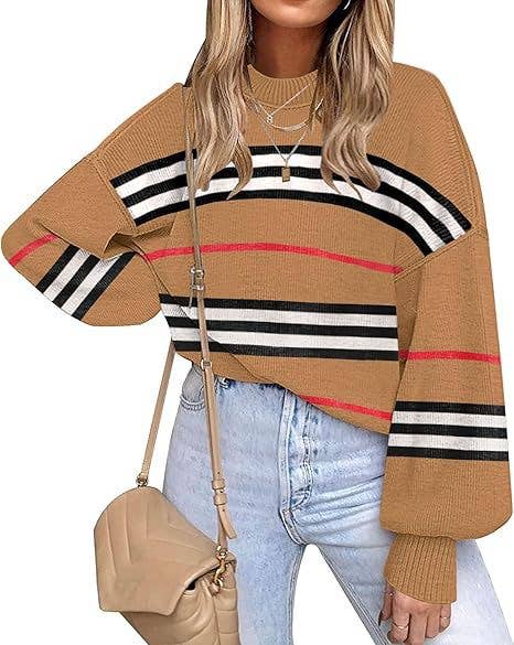 Retro Cozy Multi Striped Lantern Sleeves Knit Sweater: Camel / XL