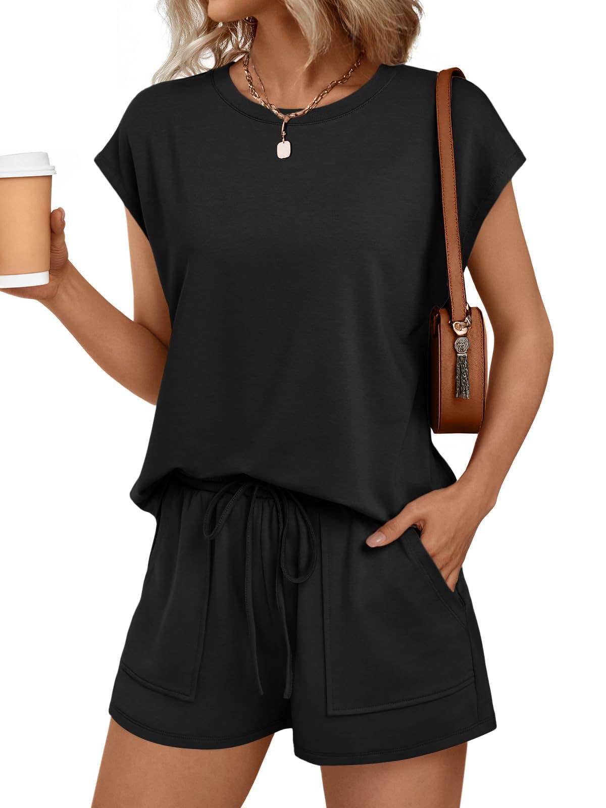 Casual Lounge Set Cap Sleeve Top Drawstring Shorts: Black / 65%Polyester+30%Viscose+5%Elastane / L
