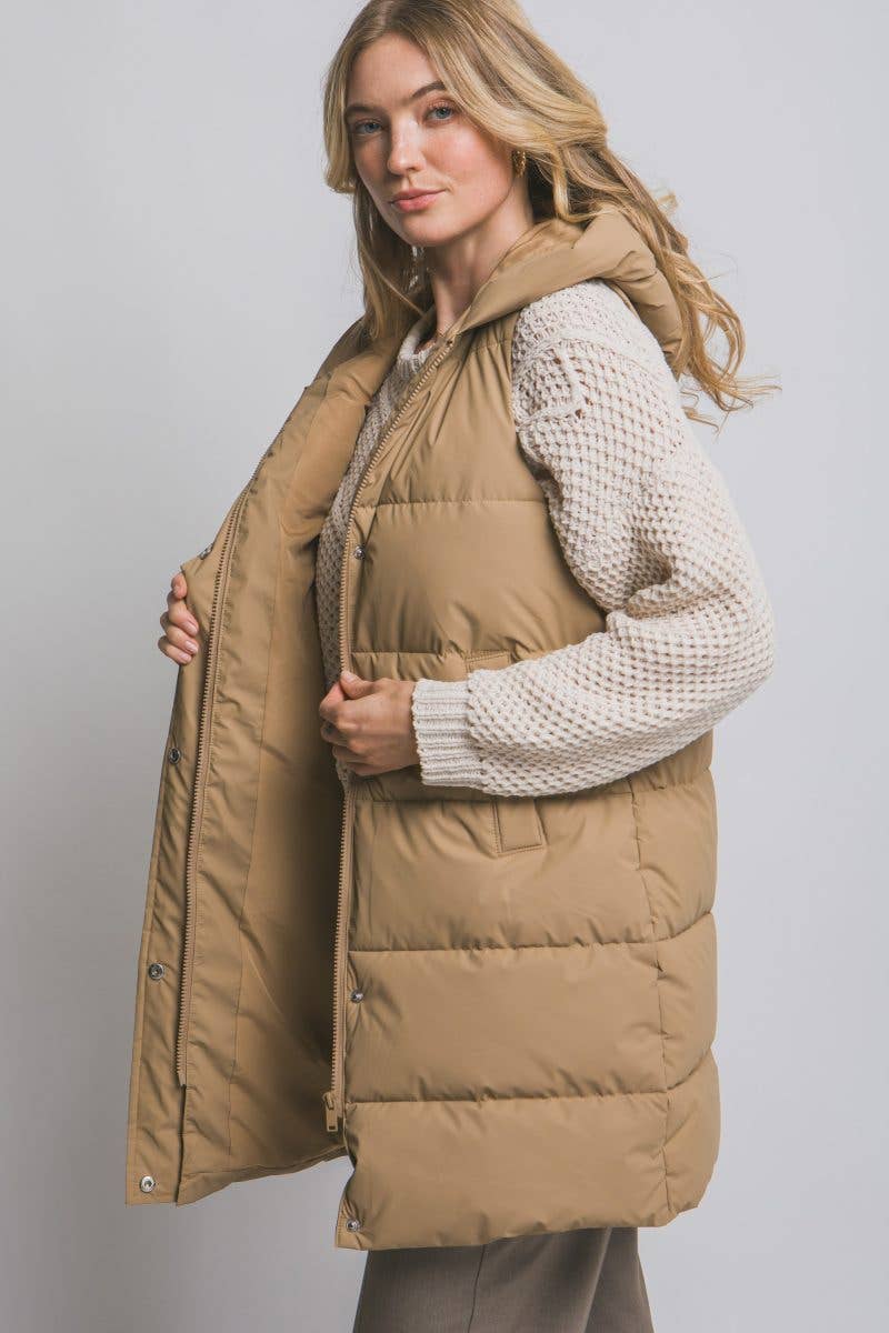 Hooded Long Quilted Puffer Vest: CAMEL / 2-2-2(S-M-L)